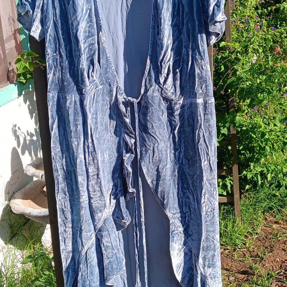 Reformation amber crushed velvet wrap dress in blue gray